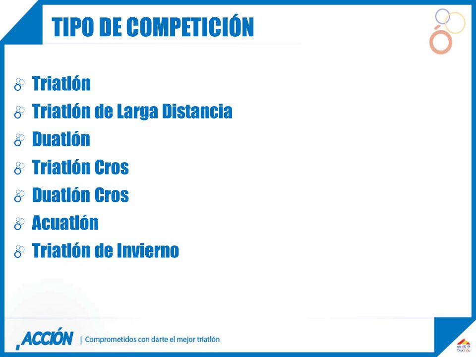 Tipo de competición Triatlón Triatlón de Larga Distancia Duatlón