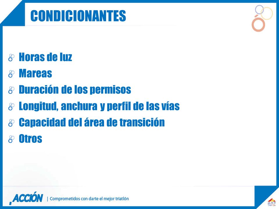 Condicionantes Horas de luz Mareas Duración de los permisos