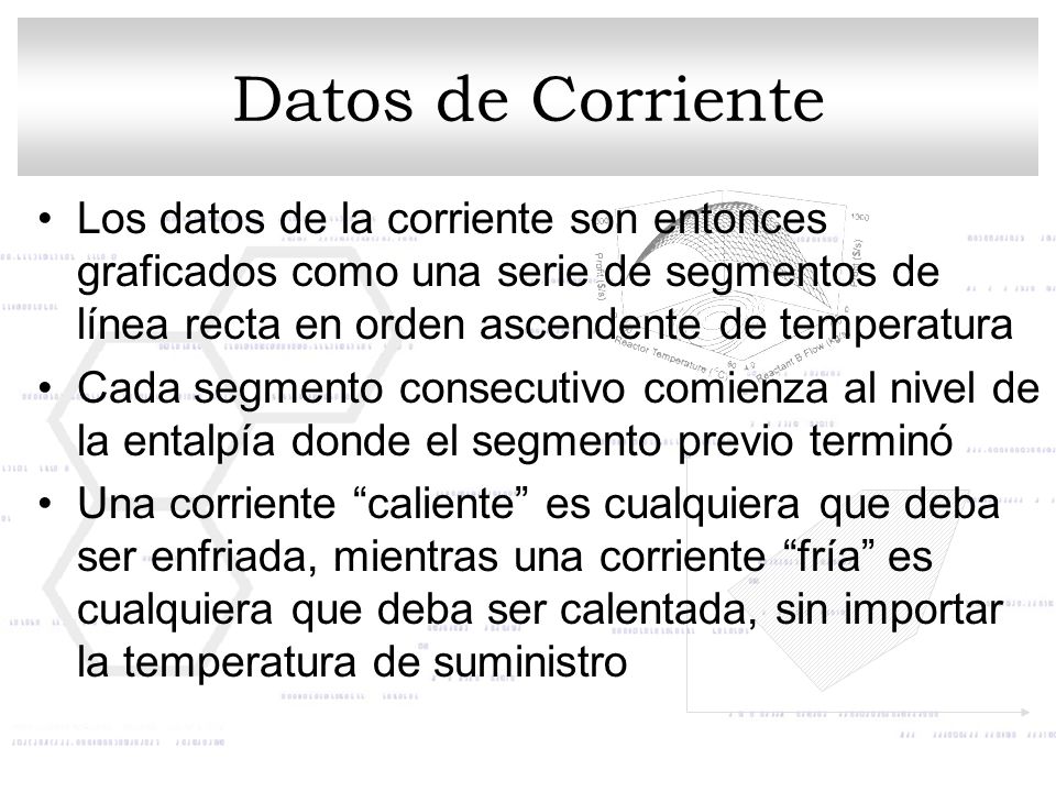 Datos de Corriente Los datos de la corriente son entonces graficados como una serie de segmentos de línea recta en orden ascendente de temperatura.