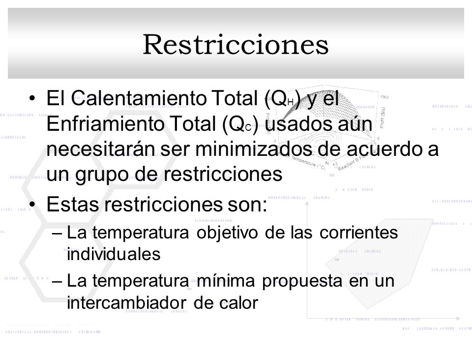 Restricciones El Calentamiento Total (QH) y el Enfriamiento Total (QC) usados aún necesitarán ser minimizados de acuerdo a un grupo de restricciones.