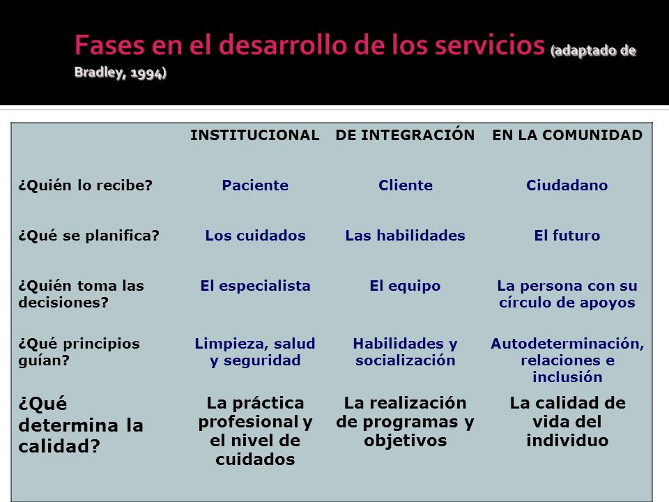 Fases en el desarrollo de los servicios (adaptado de Bradley, 1994)