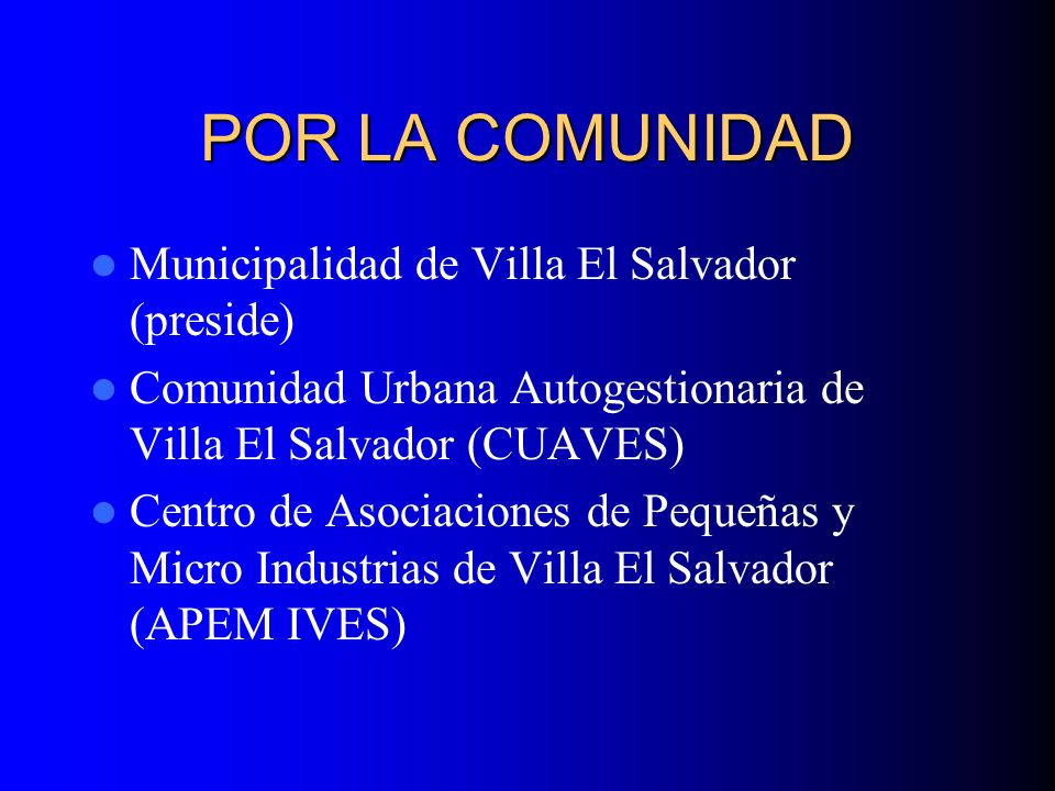 POR LA COMUNIDAD Municipalidad de Villa El Salvador (preside)
