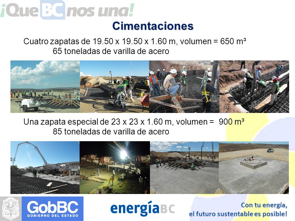Cimentaciones Cuatro zapatas de x x 1.60 m, volumen = 650 m³. 65 toneladas de varilla de acero.