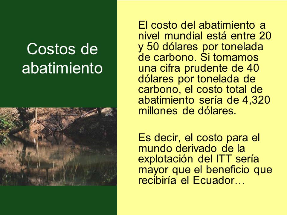 El costo del abatimiento a nivel mundial está entre 20 y 50 dólares por tonelada de carbono. Si tomamos una cifra prudente de 40 dólares por tonelada de carbono, el costo total de abatimiento sería de 4,320 millones de dólares.