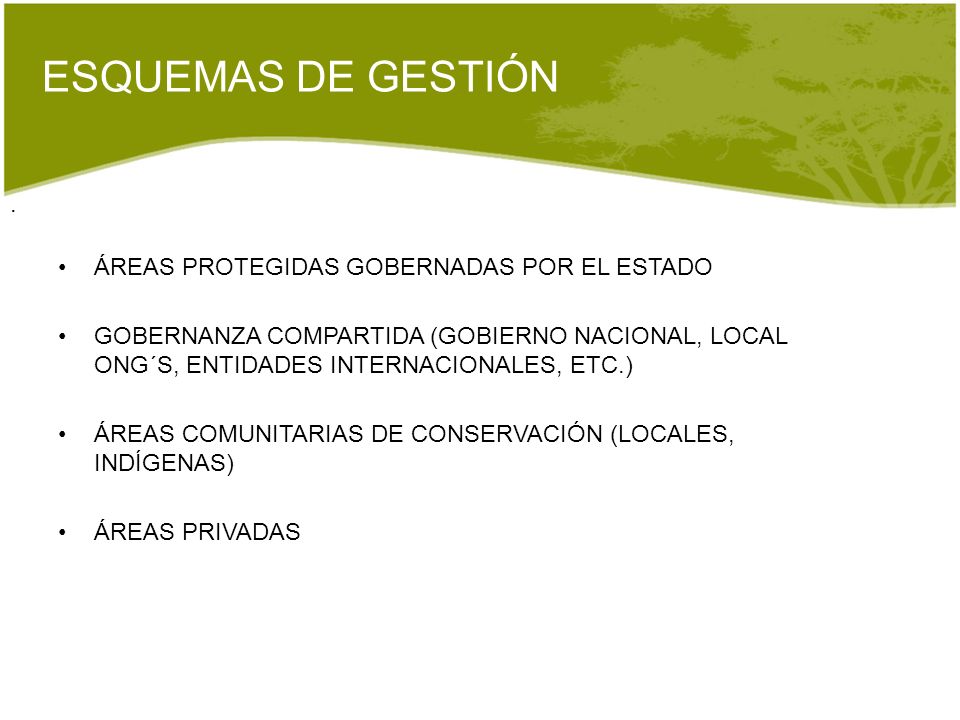 ESQUEMAS DE GESTIÓN . ÁREAS PROTEGIDAS GOBERNADAS POR EL ESTADO