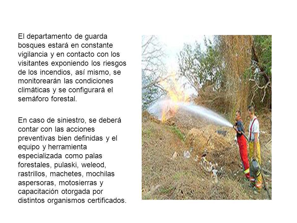 El departamento de guarda bosques estará en constante vigilancia y en contacto con los visitantes exponiendo los riesgos de los incendios, así mismo, se monitorearán las condiciones climáticas y se configurará el semáforo forestal.
