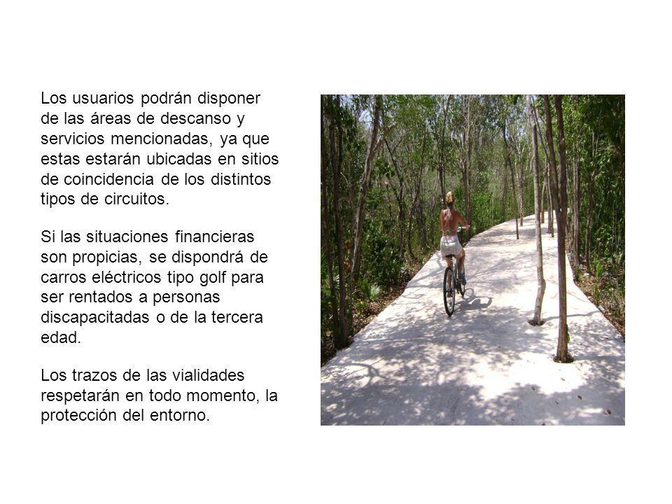 Los usuarios podrán disponer de las áreas de descanso y servicios mencionadas, ya que estas estarán ubicadas en sitios de coincidencia de los distintos tipos de circuitos.