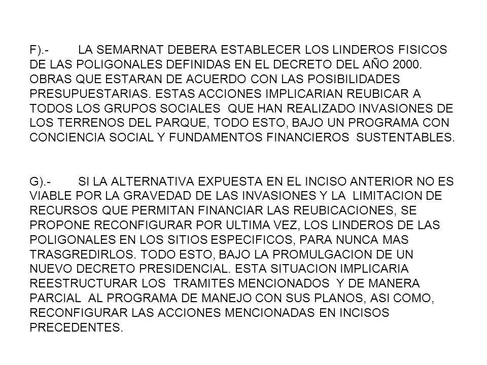 F).- LA SEMARNAT DEBERA ESTABLECER LOS LINDEROS FISICOS DE LAS POLIGONALES DEFINIDAS EN EL DECRETO DEL AÑO 2000.