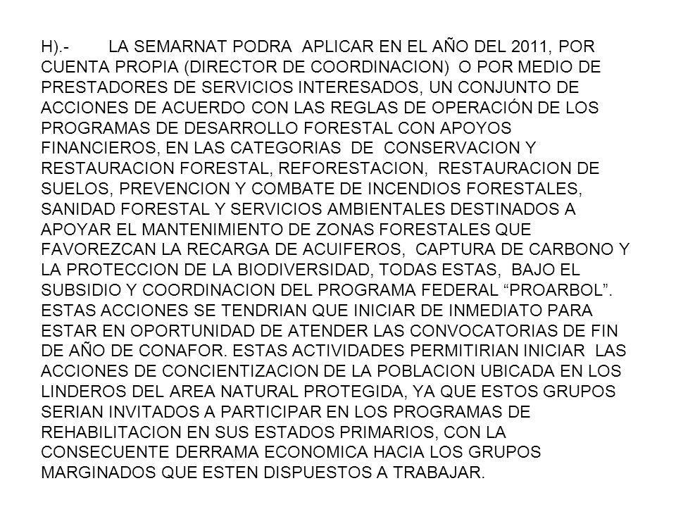 H).- LA SEMARNAT PODRA APLICAR EN EL AÑO DEL 2011, POR CUENTA PROPIA (DIRECTOR DE COORDINACION) O POR MEDIO DE PRESTADORES DE SERVICIOS INTERESADOS, UN CONJUNTO DE ACCIONES DE ACUERDO CON LAS REGLAS DE OPERACIÓN DE LOS PROGRAMAS DE DESARROLLO FORESTAL CON APOYOS FINANCIEROS, EN LAS CATEGORIAS DE CONSERVACION Y RESTAURACION FORESTAL, REFORESTACION, RESTAURACION DE SUELOS, PREVENCION Y COMBATE DE INCENDIOS FORESTALES, SANIDAD FORESTAL Y SERVICIOS AMBIENTALES DESTINADOS A APOYAR EL MANTENIMIENTO DE ZONAS FORESTALES QUE FAVOREZCAN LA RECARGA DE ACUIFEROS, CAPTURA DE CARBONO Y LA PROTECCION DE LA BIODIVERSIDAD, TODAS ESTAS, BAJO EL SUBSIDIO Y COORDINACION DEL PROGRAMA FEDERAL PROARBOL .