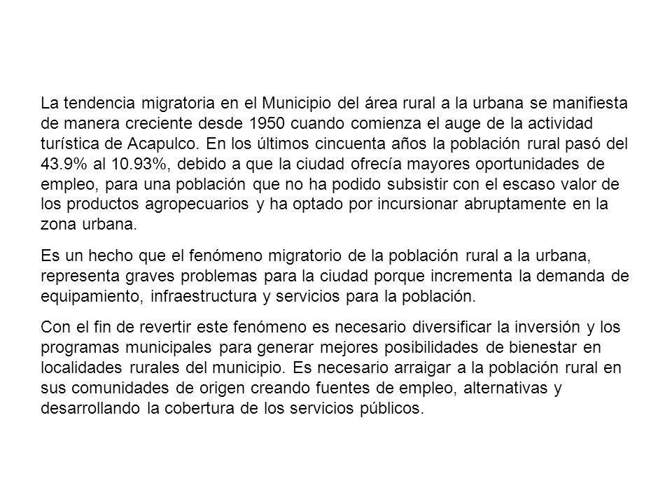 La tendencia migratoria en el Municipio del área rural a la urbana se manifiesta de manera creciente desde 1950 cuando comienza el auge de la actividad turística de Acapulco.