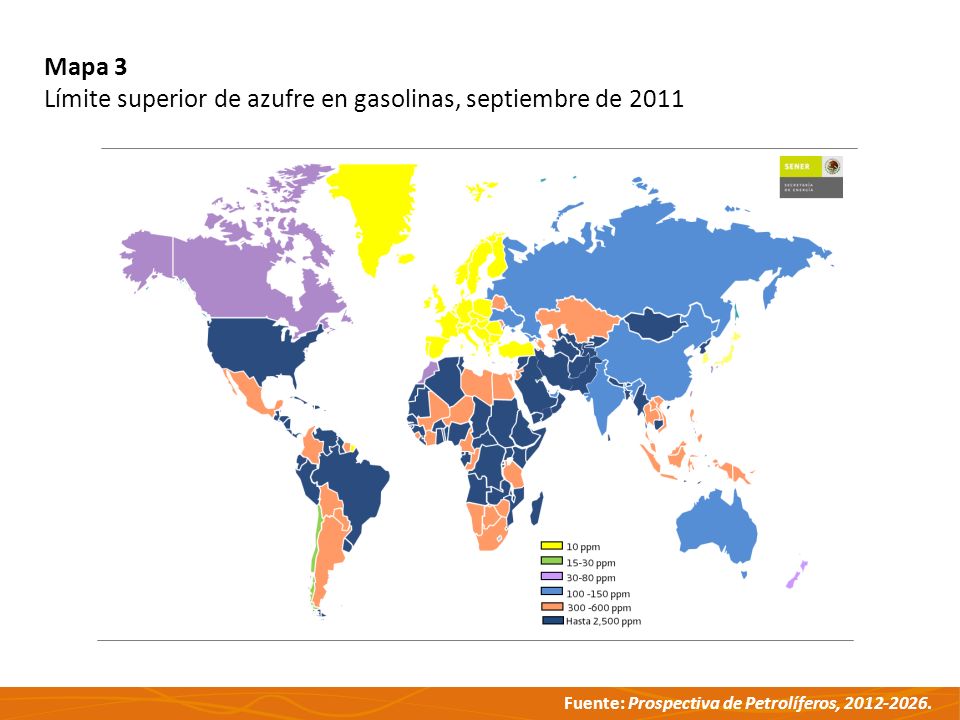 Mapa 3 Límite superior de azufre en gasolinas, septiembre de 2011