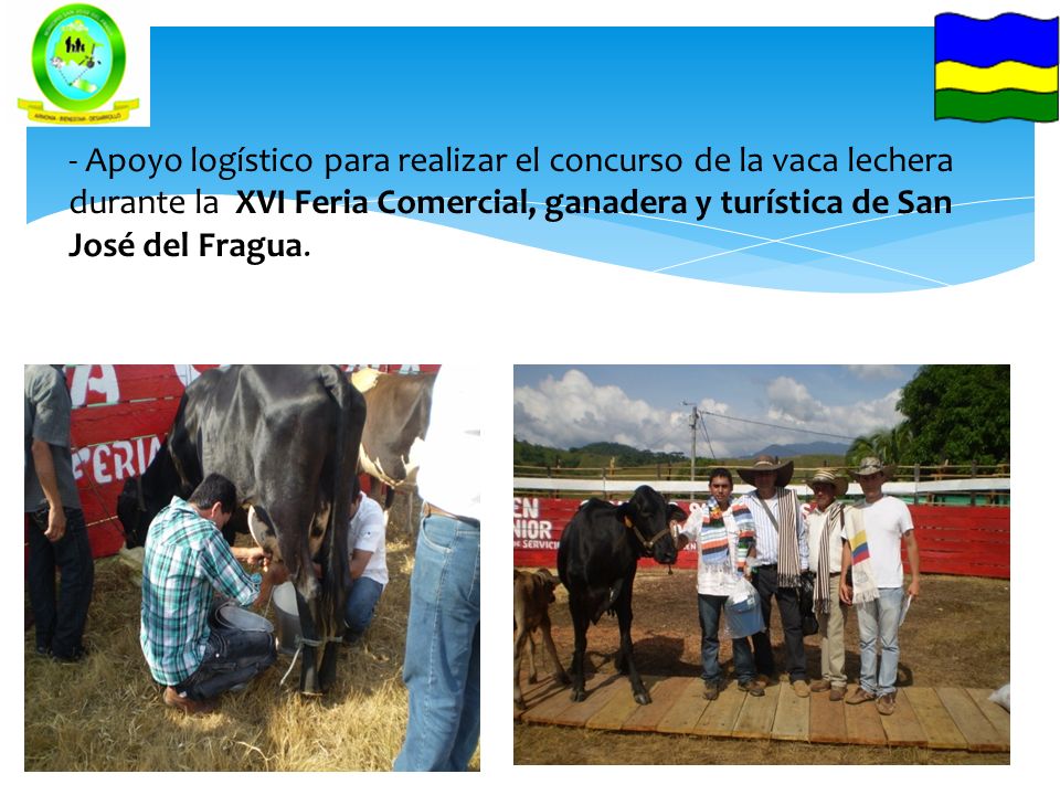 - Apoyo logístico para realizar el concurso de la vaca lechera durante la XVI Feria Comercial, ganadera y turística de San José del Fragua.
