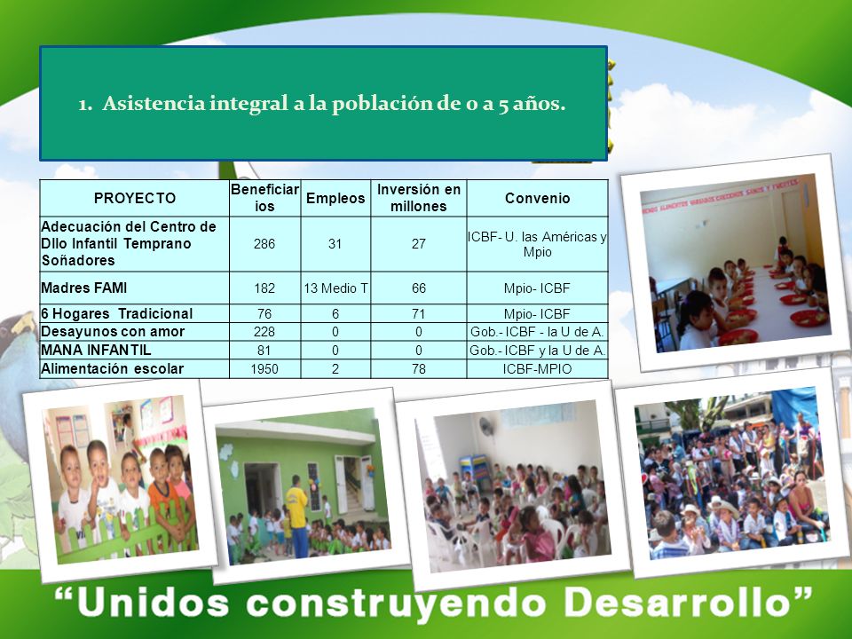 1. Asistencia integral a la población de 0 a 5 años.