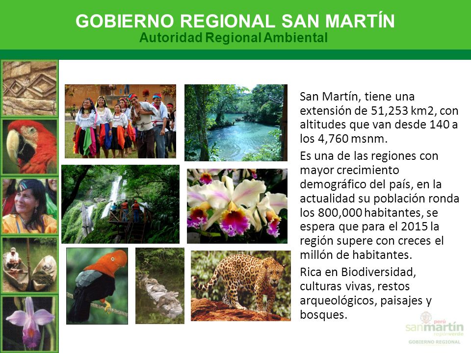 San Martín, tiene una extensión de 51,253 km2, con altitudes que van desde 140 a los 4,760 msnm.