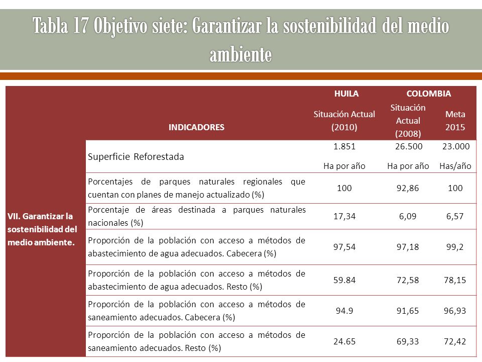 Tabla 17 Objetivo siete: Garantizar la sostenibilidad del medio ambiente