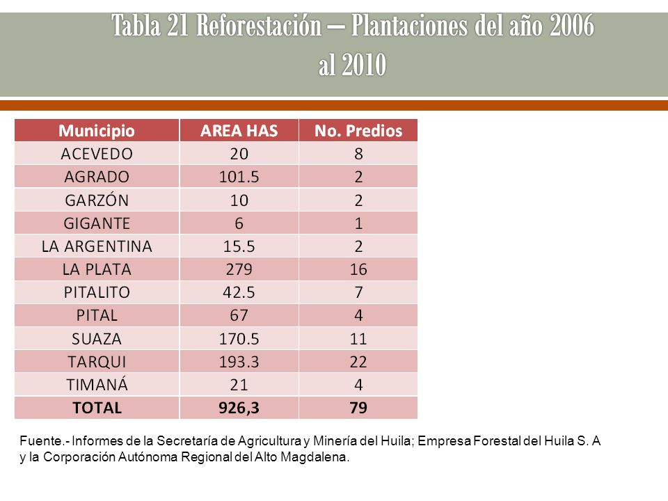 Tabla 21 Reforestación – Plantaciones del año 2006 al 2010