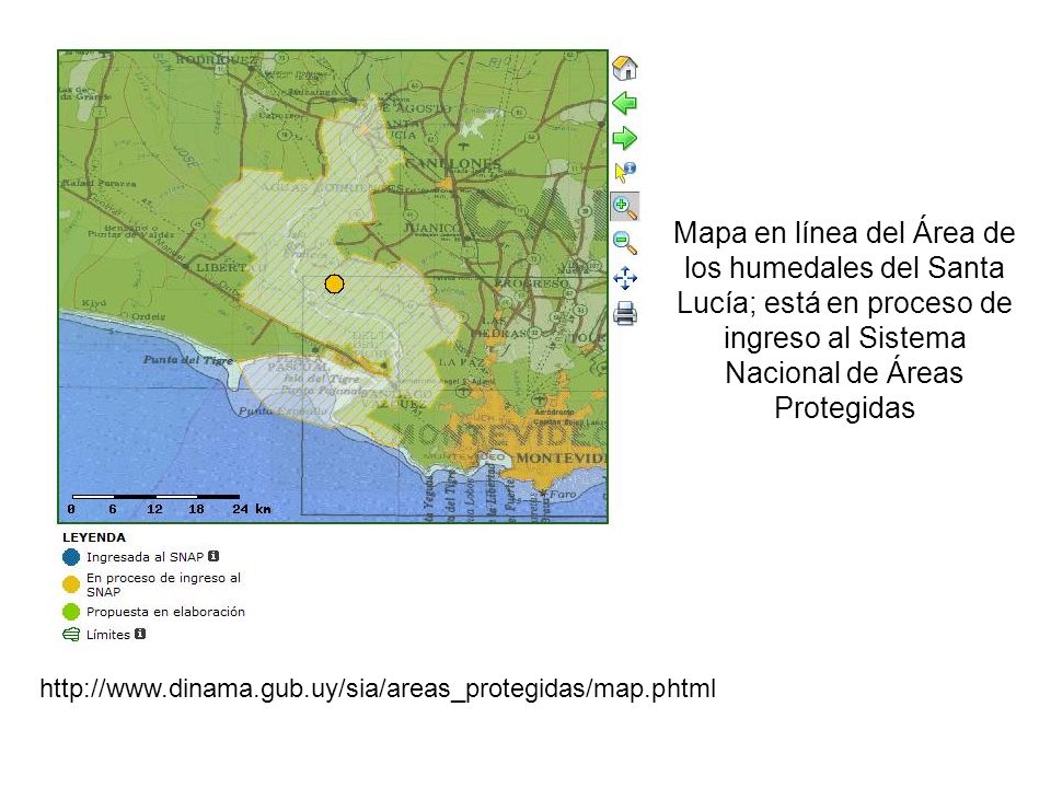 Mapa en línea del Área de los humedales del Santa Lucía; está en proceso de ingreso al Sistema Nacional de Áreas Protegidas