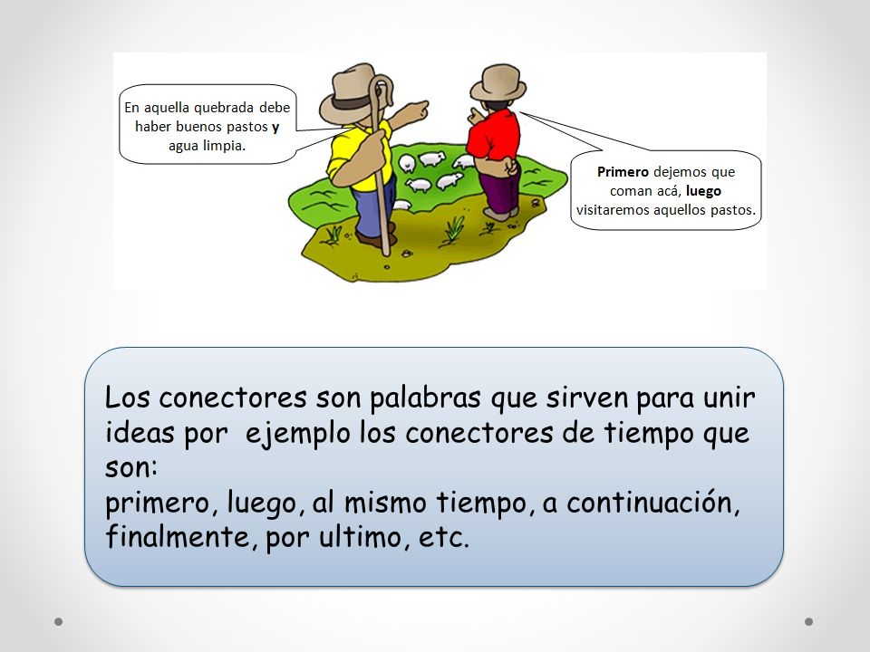 Los conectores son palabras que sirven para unir ideas por ejemplo los conectores de tiempo que son: