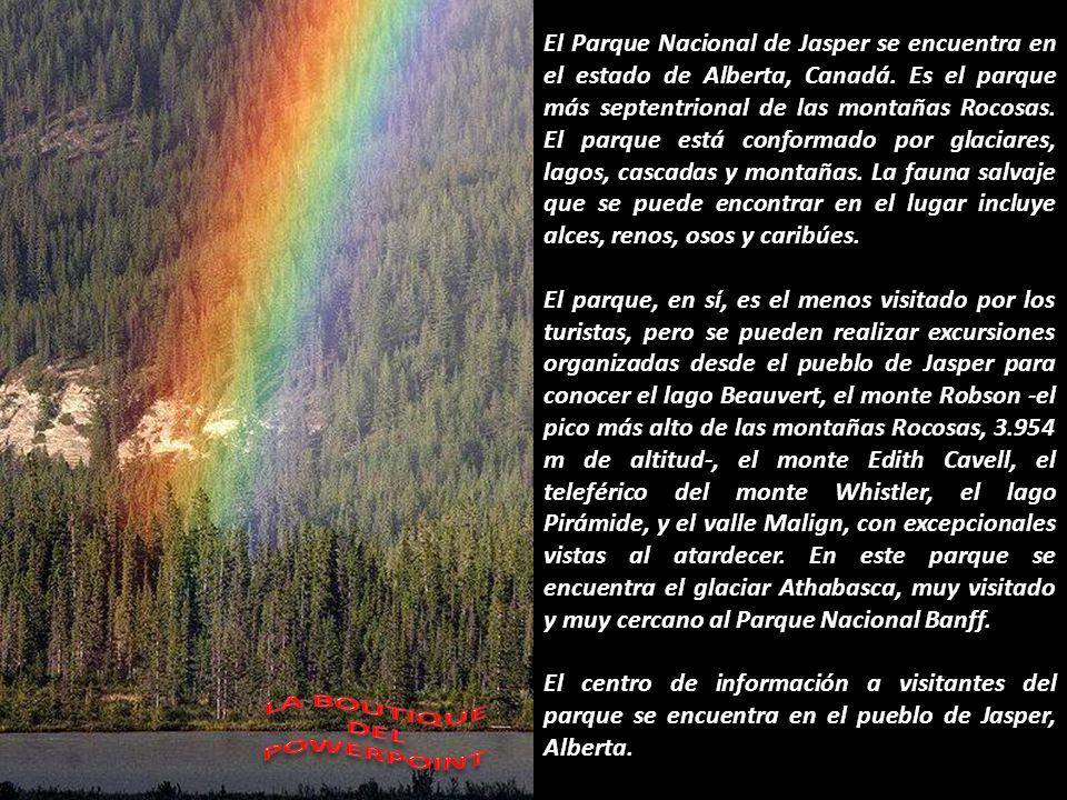 El Parque Nacional de Jasper se encuentra en el estado de Alberta, Canadá. Es el parque más septentrional de las montañas Rocosas. El parque está conformado por glaciares, lagos, cascadas y montañas. La fauna salvaje que se puede encontrar en el lugar incluye alces, renos, osos y caribúes.