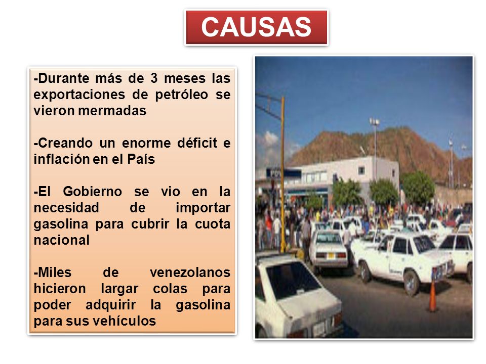 CAUSAS -Durante más de 3 meses las exportaciones de petróleo se vieron mermadas. -Creando un enorme déficit e inflación en el País.