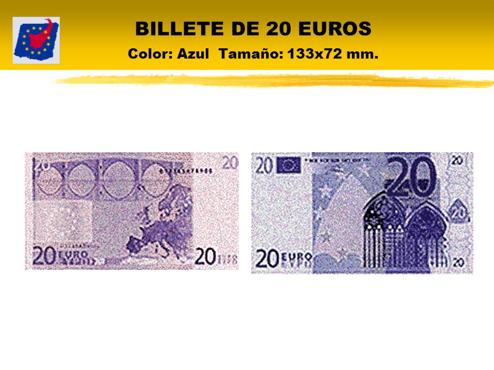 BILLETE DE 20 EUROS Color: Azul Tamaño: 133x72 mm.