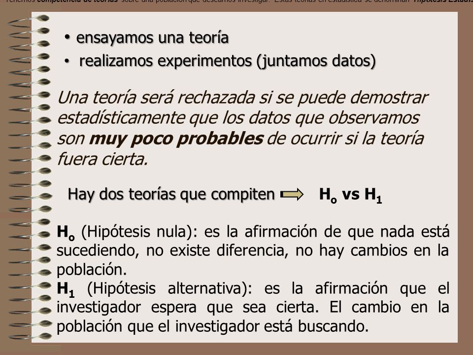 Tenemos competencia de teorías sobre una población que deseamos investigar. Estas teorías en estadística se denominan Hipótesis Estadísticas.