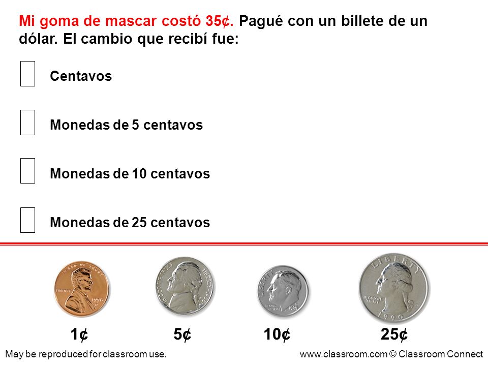 Mi goma de mascar costó 35¢. Pagué con un billete de un dólar