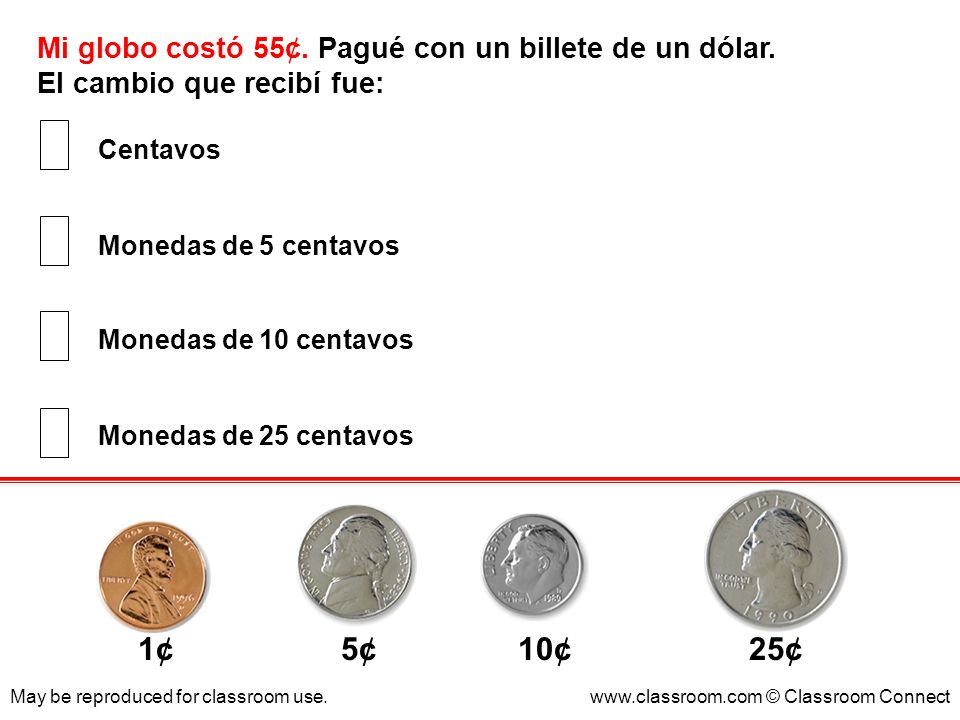 1¢ 5¢ 10¢ 25¢ Mi globo costó 55¢. Pagué con un billete de un dólar.