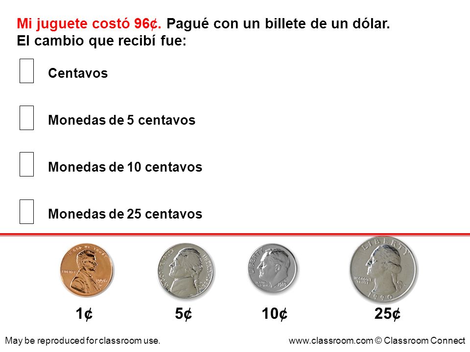 1¢ 5¢ 10¢ 25¢ Mi juguete costó 96¢. Pagué con un billete de un dólar.