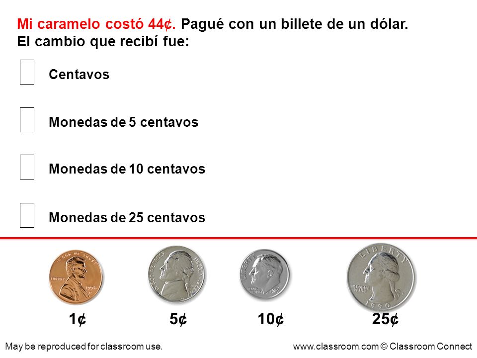 Mi caramelo costó 44¢. Pagué con un billete de un dólar