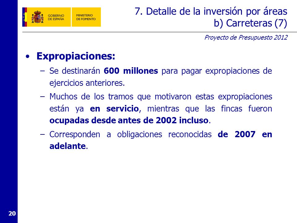 7. Detalle de la inversión por áreas b) Carreteras (8)