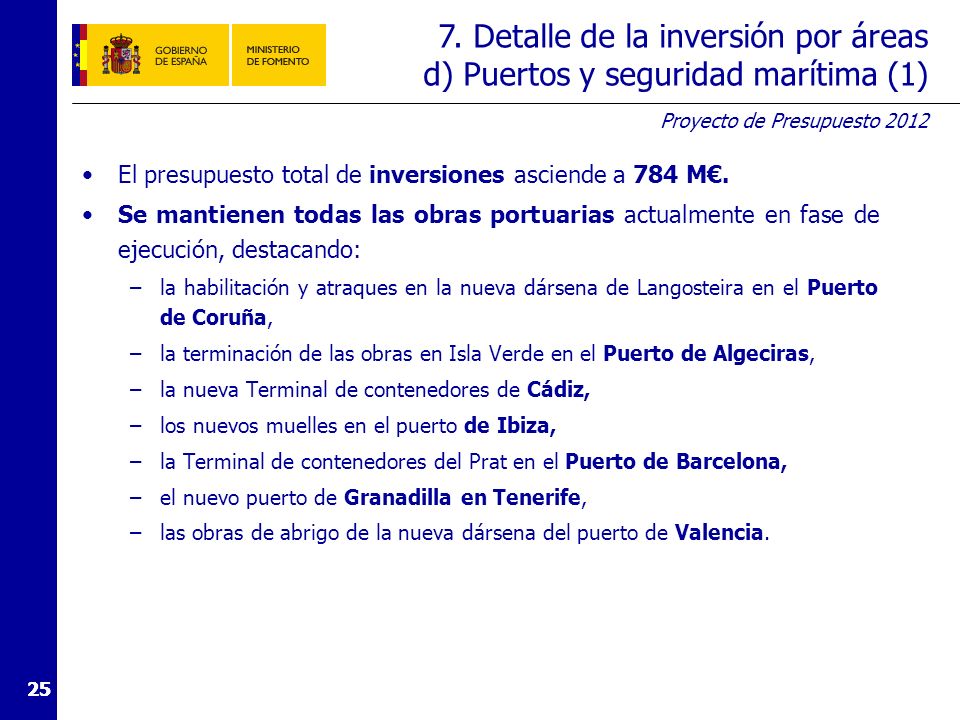 7. Detalle de la inversión por áreas d) Puertos y seguridad marítima (2)