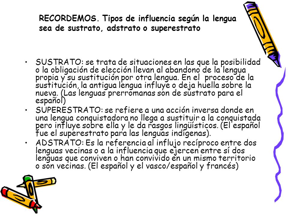 RECORDEMOS. Tipos de influencia según la lengua sea de sustrato, adstrato o superestrato