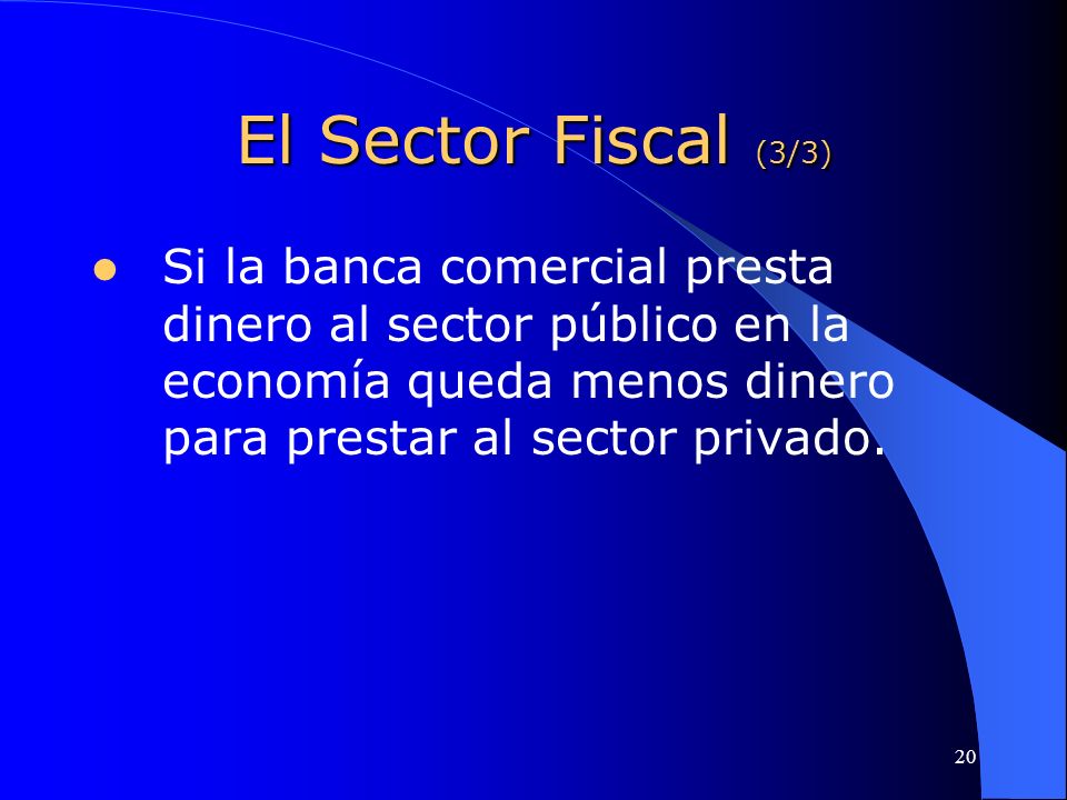 El Sector Fiscal (3/3) Si la banca comercial presta dinero al sector público en la economía queda menos dinero para prestar al sector privado.