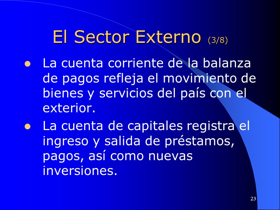El Sector Externo (3/8) La cuenta corriente de la balanza de pagos refleja el movimiento de bienes y servicios del país con el exterior.