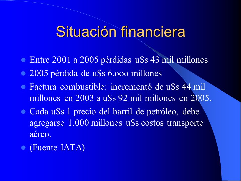 Situación financiera Entre 2001 a 2005 pérdidas u$s 43 mil millones