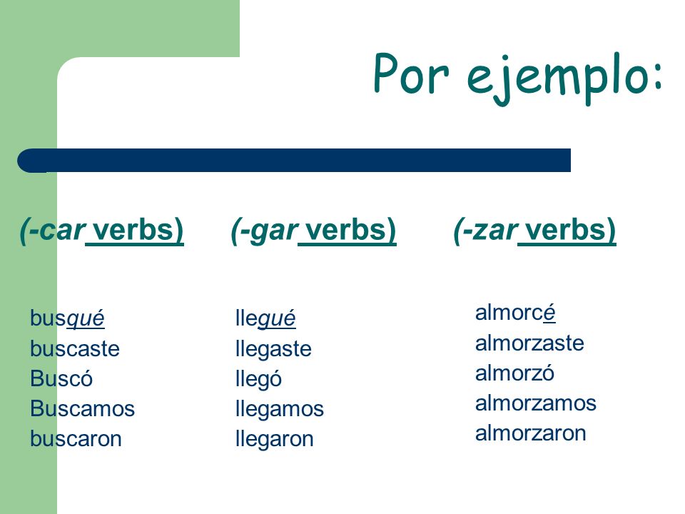 Por ejemplo: (-car verbs) (-gar verbs) (-zar verbs) almorcé almorzaste