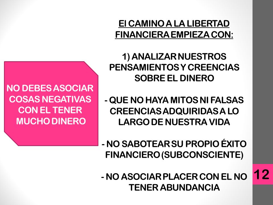 El CAMINO A LA LIBERTAD FINANCIERA EMPIEZA CON: 1) ANALIZAR NUESTROS PENSAMIENTOS Y CREENCIAS SOBRE EL DINERO - QUE NO HAYA MITOS NI FALSAS CREENCIAS ADQUIRIDAS A LO LARGO DE NUESTRA VIDA - NO SABOTEAR SU PROPIO ÉXITO FINANCIERO (SUBCONSCIENTE) - NO ASOCIAR PLACER CON EL NO TENER ABUNDANCIA