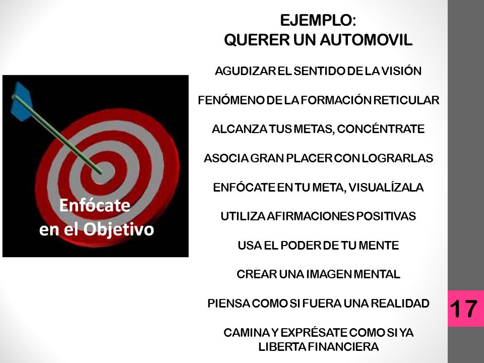 EJEMPLO: QUERER UN AUTOMOVIL AGUDIZAR EL SENTIDO DE LA VISIÓN FENÓMENO DE LA FORMACIÓN RETICULAR ALCANZA TUS METAS, CONCÉNTRATE ASOCIA GRAN PLACER CON LOGRARLAS ENFÓCATE EN TU META, VISUALÍZALA UTILIZA AFIRMACIONES POSITIVAS USA EL PODER DE TU MENTE CREAR UNA IMAGEN MENTAL PIENSA COMO SI FUERA UNA REALIDAD CAMINA Y EXPRÉSATE COMO SI YA LIBERTA FINANCIERA