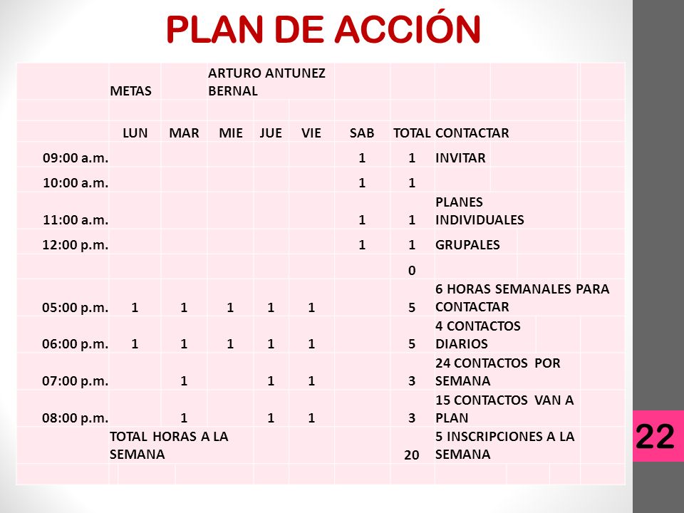 PLAN DE ACCIÓN 22 METAS ARTURO ANTUNEZ BERNAL LUN MAR MIE JUE VIE SAB