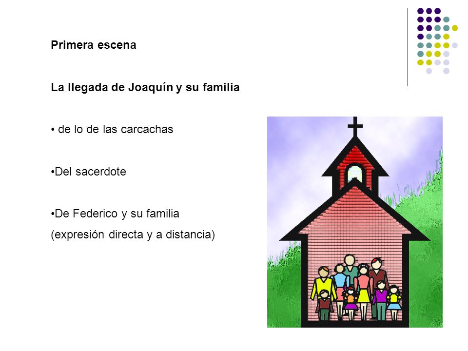 Primera escena La llegada de Joaquín y su familia. de lo de las carcachas. Del sacerdote. De Federico y su familia.