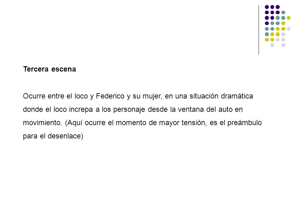 Tercera escena Ocurre entre el loco y Federico y su mujer, en una situación dramática.