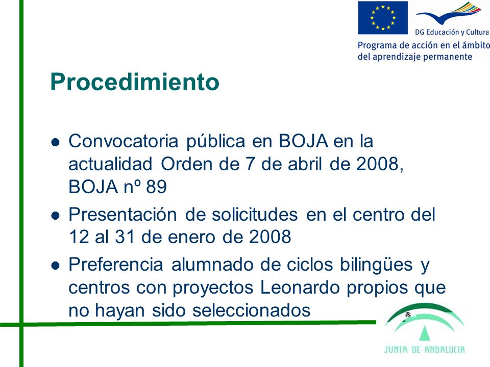 Procedimiento Convocatoria pública en BOJA en la actualidad Orden de 7 de abril de 2008, BOJA nº 89.