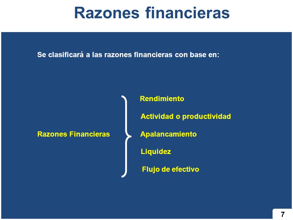 Razones financieras Se clasificará a las razones financieras con base en: Rendimiento. Actividad o productividad.