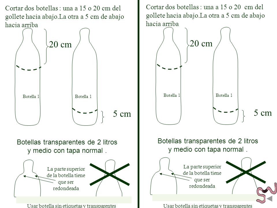 Cortar dos botellas : una a 15 o 20 cm del gollete hacia abajo