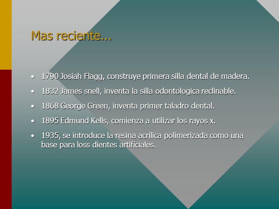 Mas reciente Josiah Flagg, construye primera silla dental de madera James snell, inventa la silla odontologica reclinable.