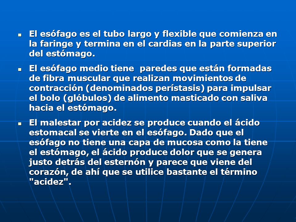 El esófago es el tubo largo y flexible que comienza en la faringe y termina en el cardias en la parte superior del estómago.