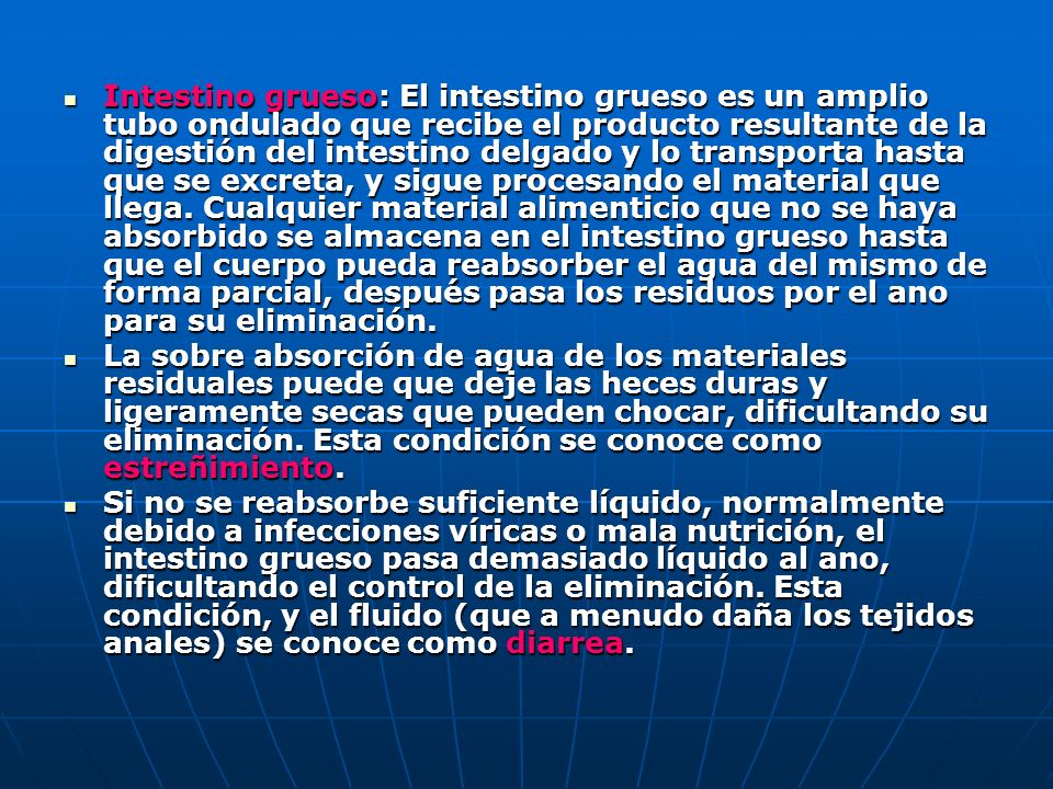 Intestino grueso: El intestino grueso es un amplio tubo ondulado que recibe el producto resultante de la digestión del intestino delgado y lo transporta hasta que se excreta, y sigue procesando el material que llega. Cualquier material alimenticio que no se haya absorbido se almacena en el intestino grueso hasta que el cuerpo pueda reabsorber el agua del mismo de forma parcial, después pasa los residuos por el ano para su eliminación.