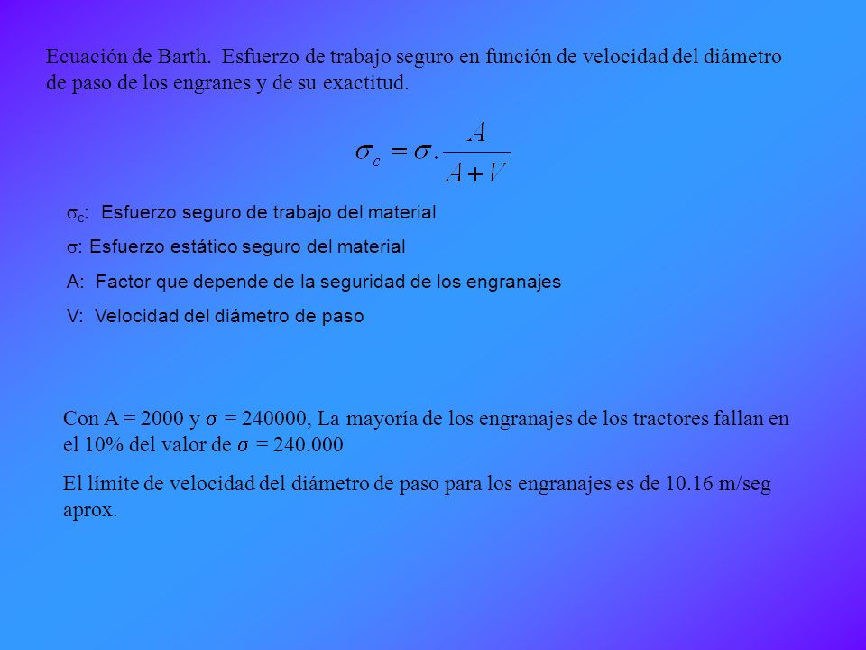 Ecuación de Barth. Esfuerzo de trabajo seguro en función de velocidad del diámetro de paso de los engranes y de su exactitud.