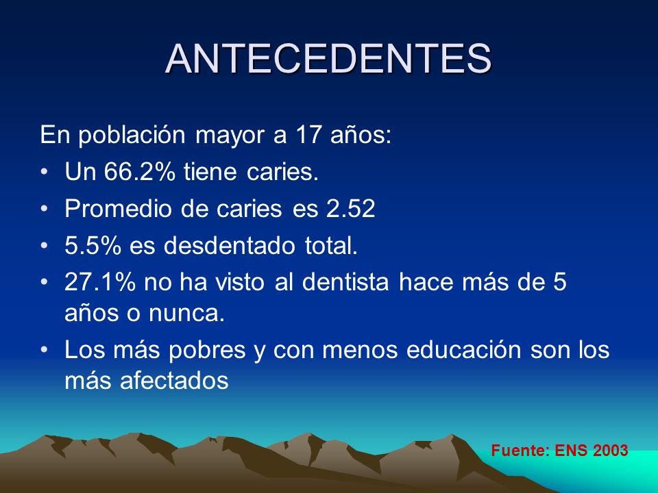 ANTECEDENTES En población mayor a 17 años: Un 66.2% tiene caries.